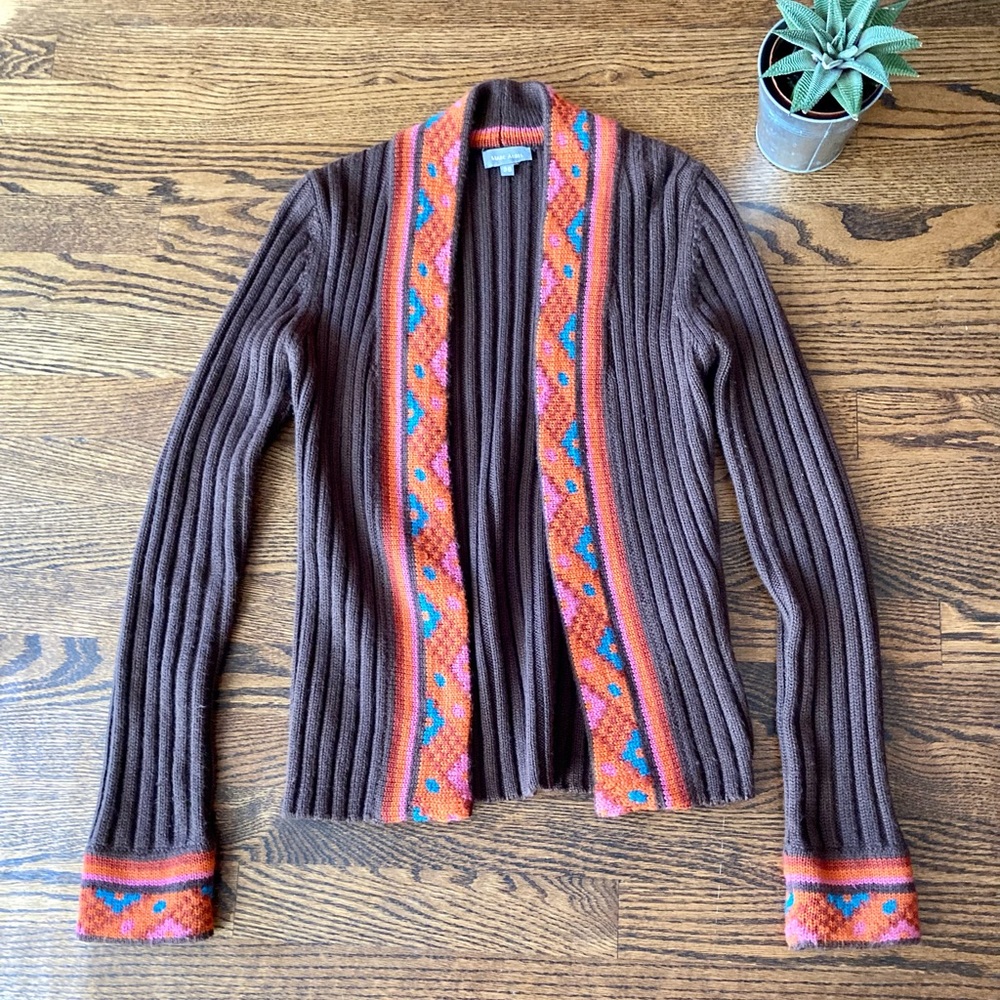 MARC AUREL Brown Open Sweater with Multi-Coloured Cuffs & Border. Size: 36